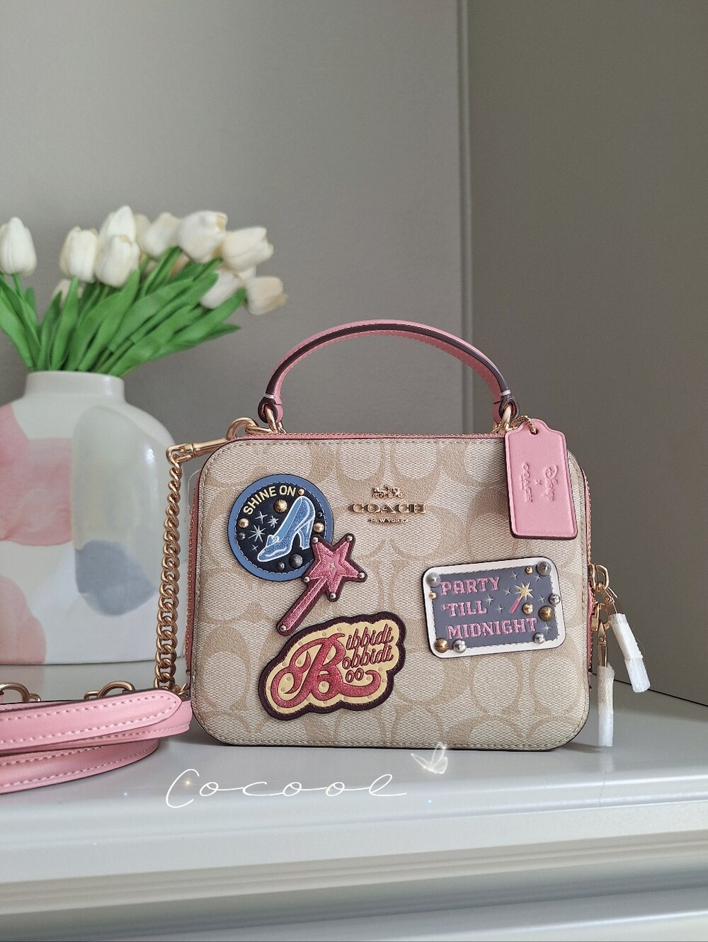 NWT Disney x Coach Cinderella Box Crossbody Bag Signature Canvas Khaki Pink Rare